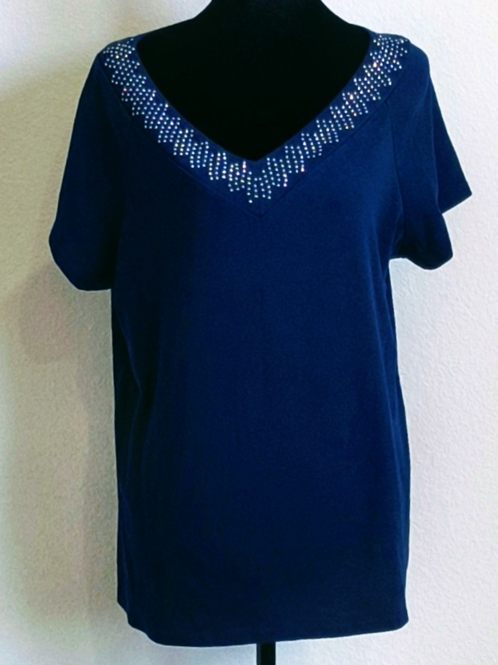 Westport Navy V-Neck Short Sleeve Top with Rhinestone Trim